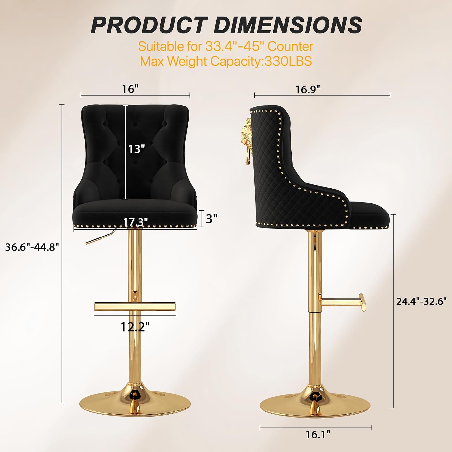 ABET Bar Stools Set of 2, Golden Base Counter Height Stools with Footrest, Velvet Adjustable Swivel Kitchen Island Chair with Upholstered Tufted High-Back, Lion Head Ring Nailhead Trim, Black (NO TEST)